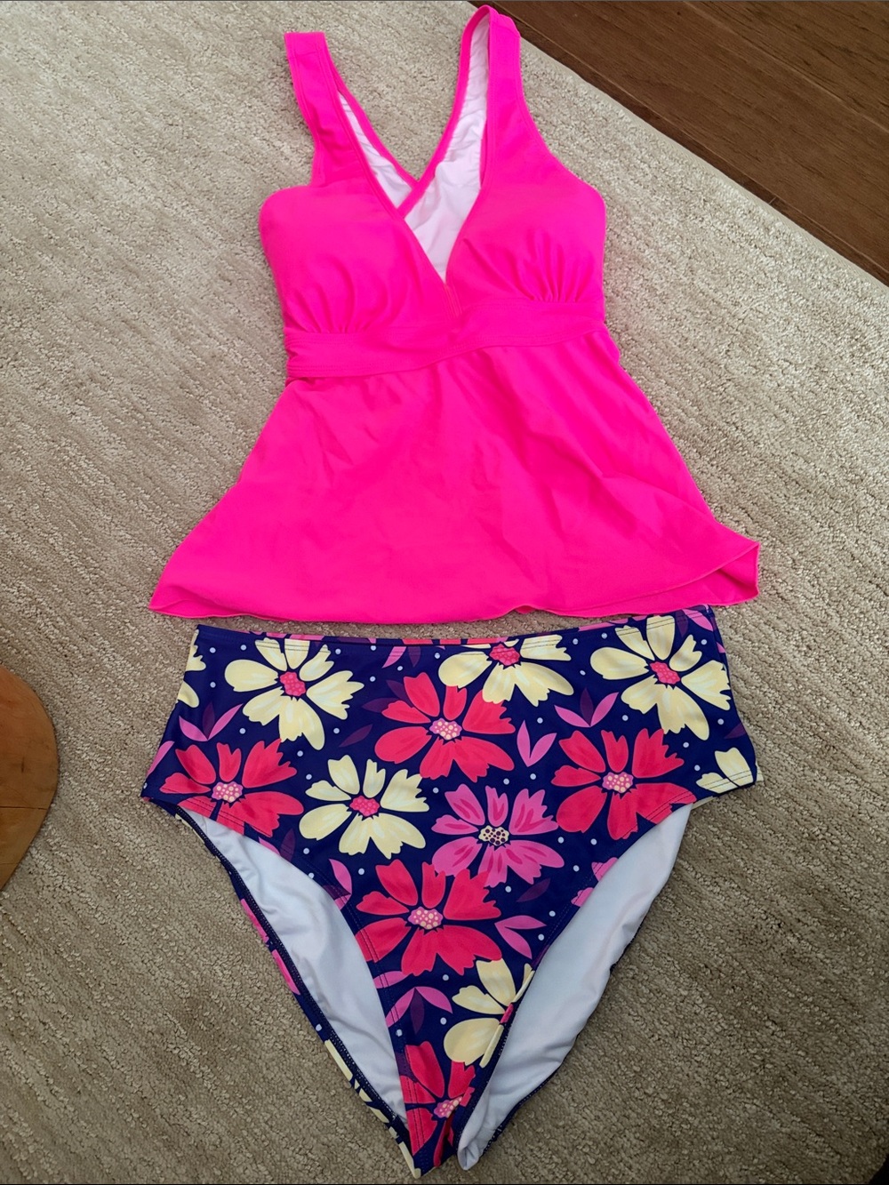 Hot Pink Tankini Top with Floral High-Waist Bottoms